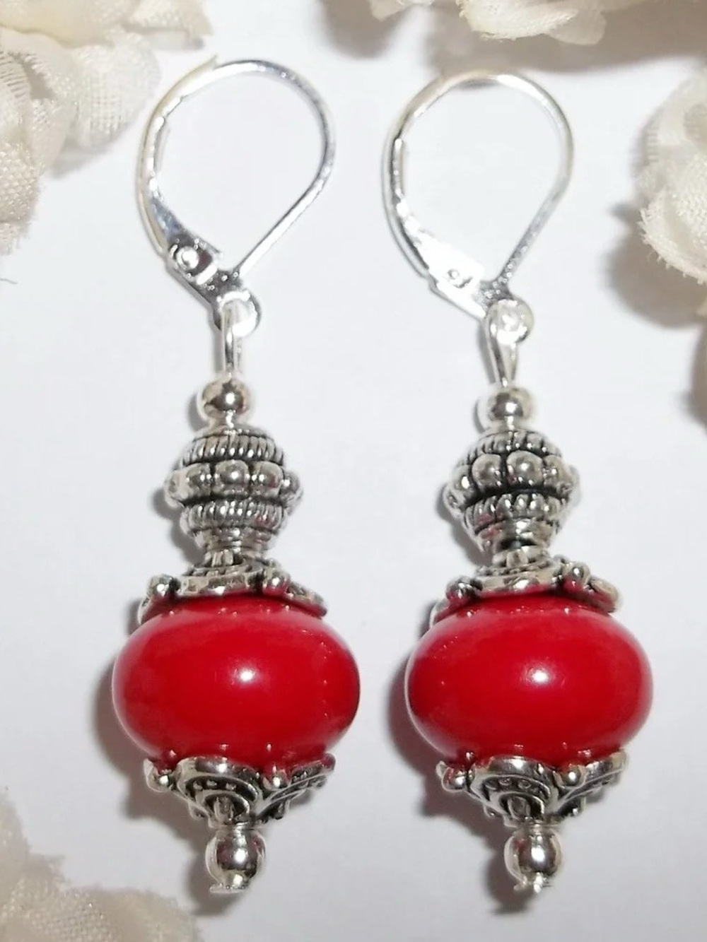 Red Bead Drop Earrings - Silver Accent Women Jewelry